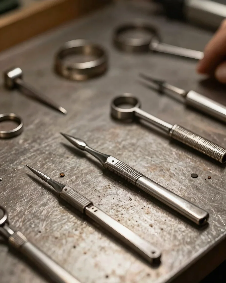 Editorial close-up macro photograph of a jeweller's metal preparation bench with fine tools laid in order, soft directio