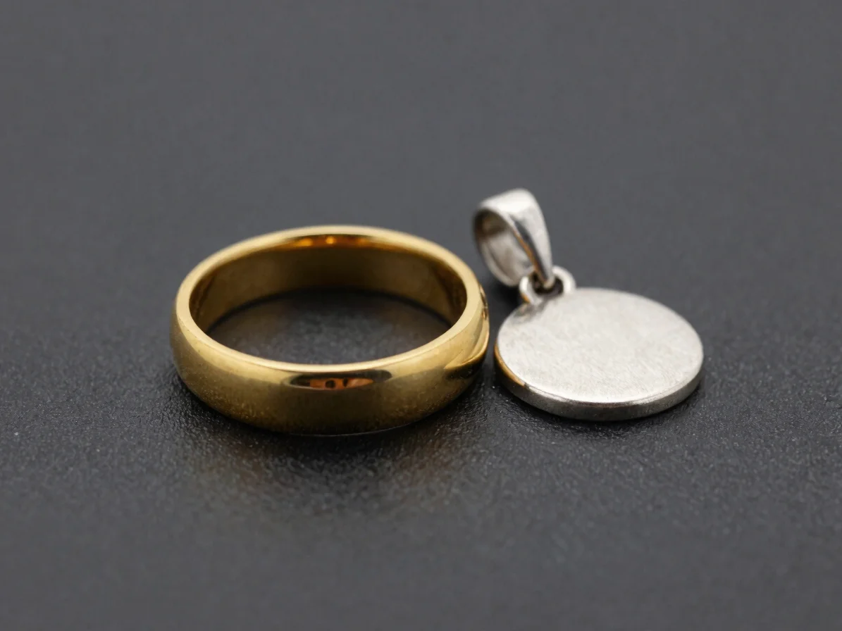 Macro studio photograph of a polished gold ring and a silver pend