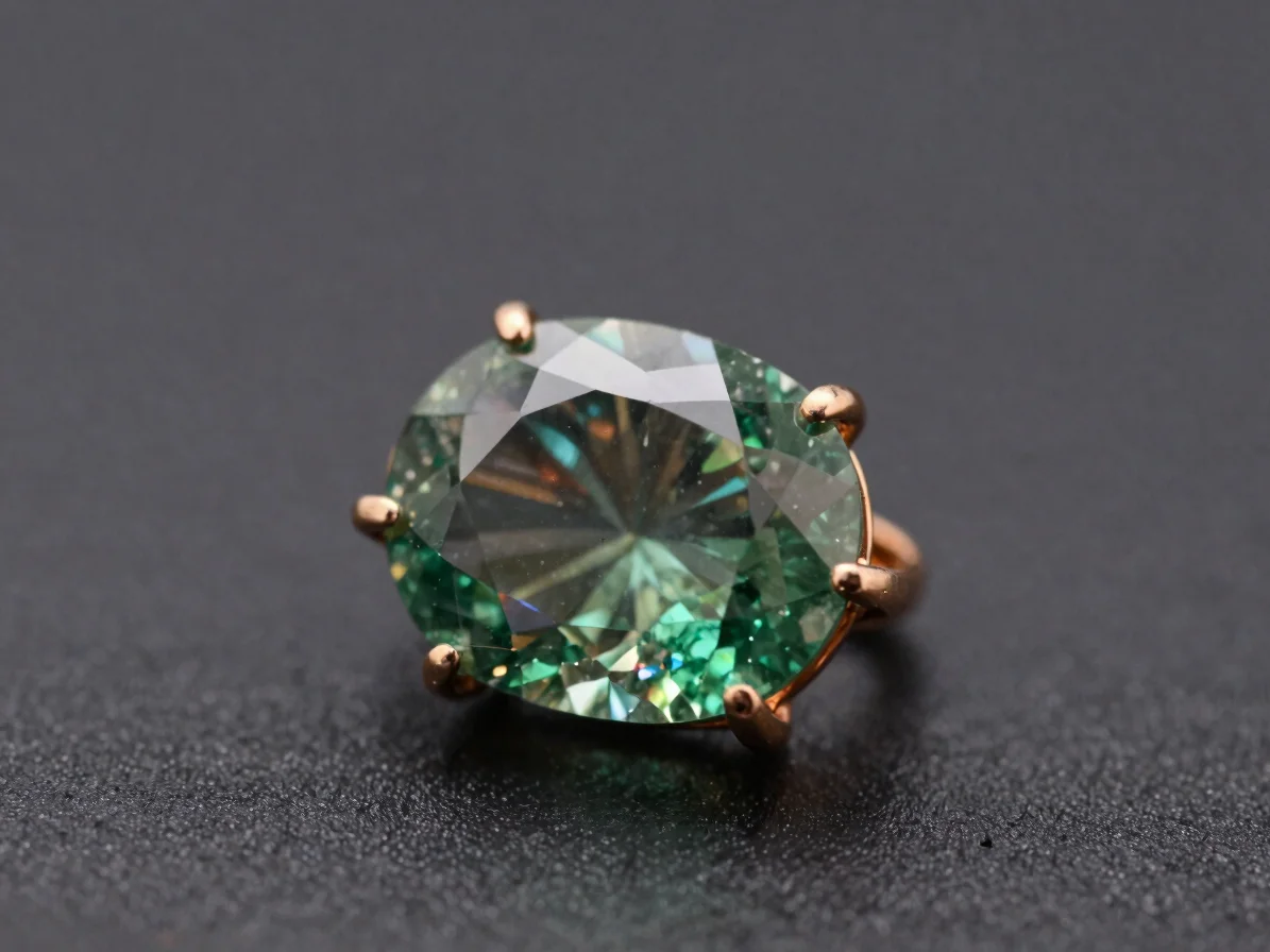 Macro photograph of a faceted sapphire and emerald set in a warm