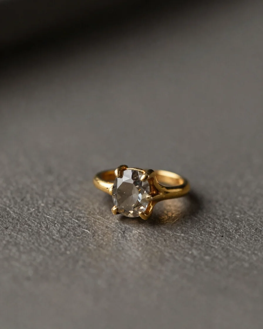 Macro studio photograph of a gold and silver jewellery piece showing a stone set in a prong mount beside a clean metal s