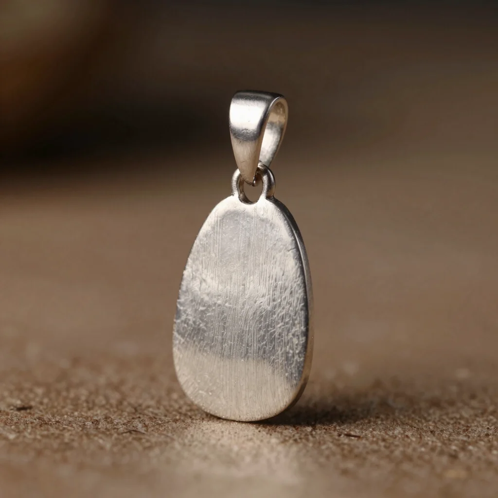 Macro studio product study of a silver pendant with textured surface, soft directional light, restrained composition