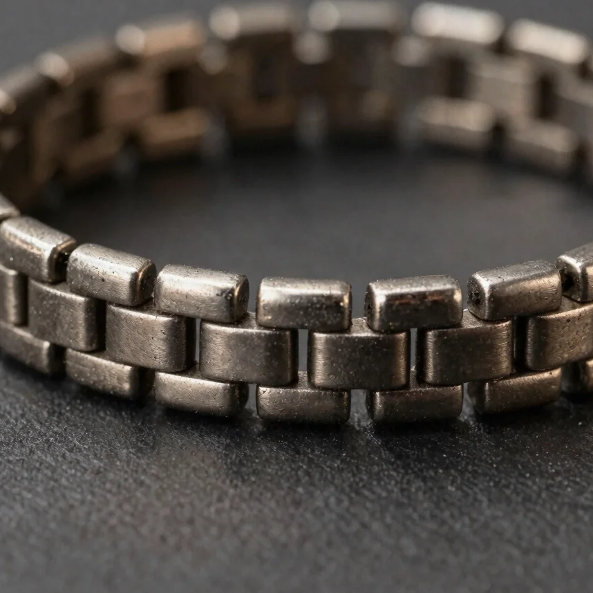 Macro product study of a clad metal bracelet, close-up of link surface, soft grazing light, dark background