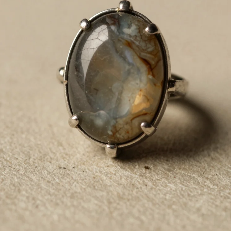 Macro studio photograph of a semi-precious stone set in a metal mount, soft directional light, tactile detail