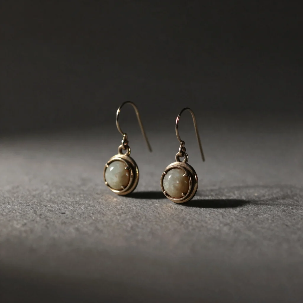 Clean studio product study of a pair of metal earrings with stone accents, soft directional light, dark background